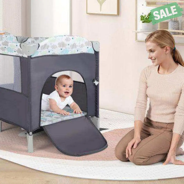 5-in-1 Portable Baby Beside Sleeper Bassinet Crib Playard with Diaper Changer-Beige Gray Baby Playpen & Playards