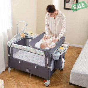 5-in-1 Portable Baby Beside Sleeper Bassinet Crib Playard with Diaper Changer-Beige Gray Baby Playpen & Playards