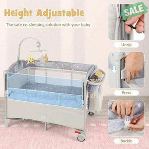 5-in-1 Portable Baby Beside Sleeper Bassinet Crib Playard with Diaper Changer-Beige Gray Baby Playpen & Playards