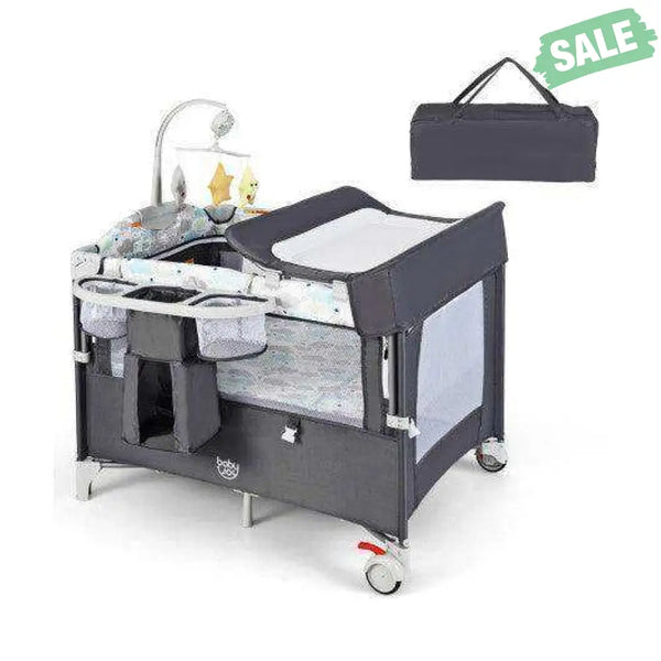 5-in-1 Portable Baby Beside Sleeper Bassinet Crib Playard with Diaper Changer-Beige Gray Baby Playpen & Playards