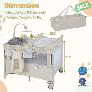 5-in-1 Portable Baby Beside Sleeper Bassinet Crib Playard with Diaper Changer-Beige Gray Baby Playpen & Playards