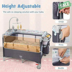 5-in-1 Portable Baby Beside Sleeper Bassinet Crib Playard with Diaper Changer-Beige Gray Baby Playpen & Playards