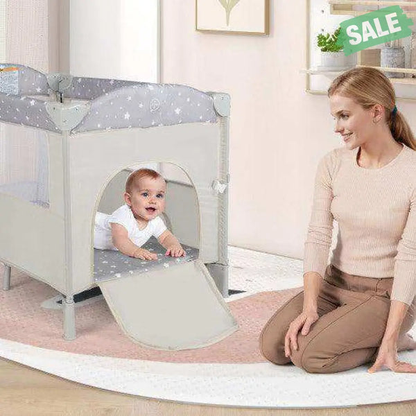 5-in-1 Portable Baby Beside Sleeper Bassinet Crib Playard with Diaper Changer-Beige Gray Baby Playpen & Playards