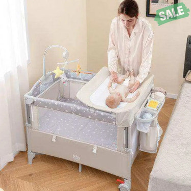 5-in-1 Portable Baby Beside Sleeper Bassinet Crib Playard with Diaper Changer-Beige Gray Baby Playpen & Playards