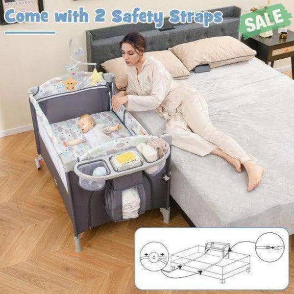 5-in-1 Portable Baby Beside Sleeper Bassinet Crib Playard with Diaper Changer-Beige Gray Baby Playpen & Playards