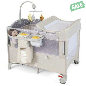 5-in-1 Portable Baby Beside Sleeper Bassinet Crib Playard with Diaper Changer-Beige Gray Baby Playpen & Playards