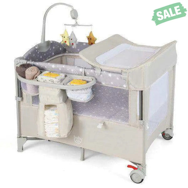 5-in-1 Portable Baby Beside Sleeper Bassinet Crib Playard with Diaper Changer-Beige Gray Baby Playpen & Playards