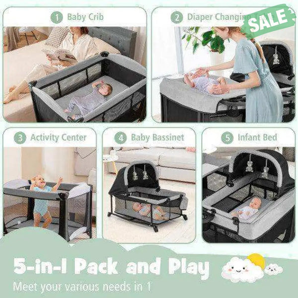 5-in-1 Portable Baby Playard with Cradle and Storage Basket-Black Black Baby Playpen & Playards