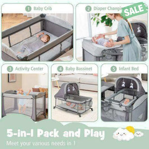5-in-1 Portable Baby Playard with Cradle and Storage Basket-Black Black Baby Playpen & Playards