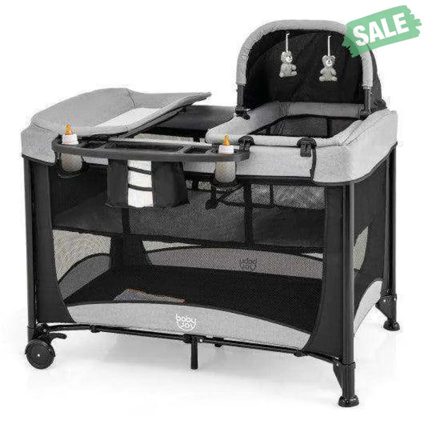 5-in-1 Portable Baby Playard with Cradle and Storage Basket-Black Black Baby Playpen & Playards