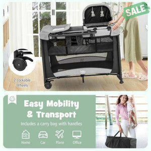 5-in-1 Portable Baby Playard with Cradle and Storage Basket-Black Black Baby Playpen & Playards