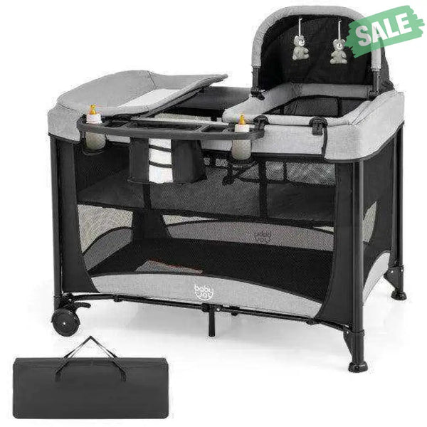5-in-1 Portable Baby Playard with Cradle and Storage Basket-Black Black Baby Playpen & Playards