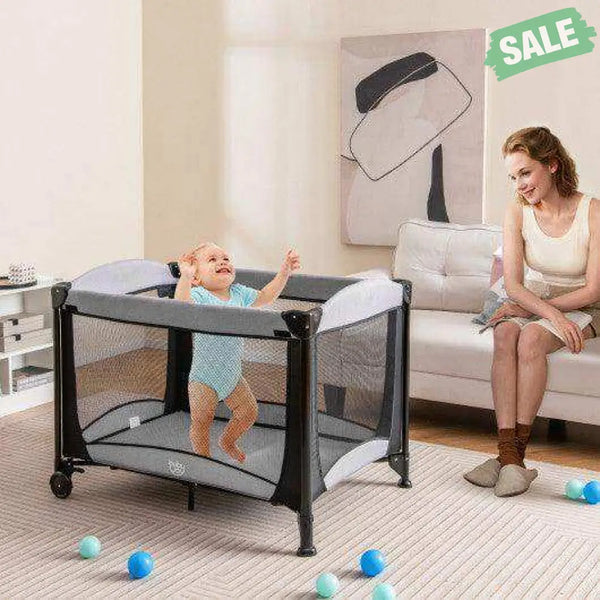 5-in-1 Portable Baby Playard with Cradle and Storage Basket-Black Black Baby Playpen & Playards