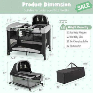 5-in-1 Portable Baby Playard with Cradle and Storage Basket-Black Black Baby Playpen & Playards