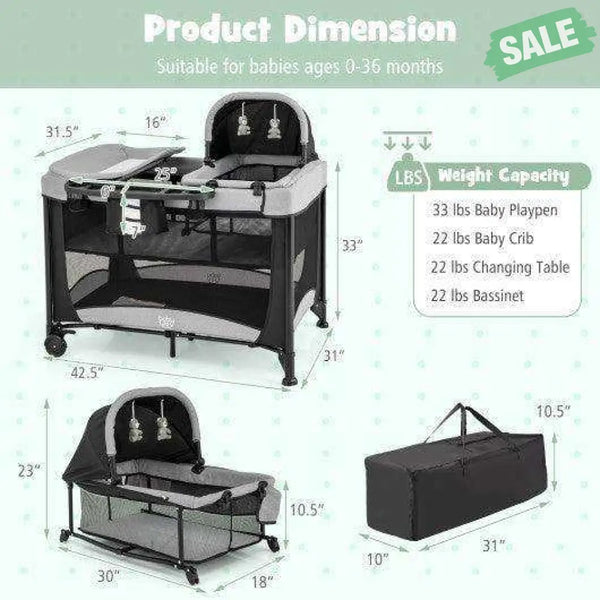 5-in-1 Portable Baby Playard with Cradle and Storage Basket-Black Black Baby Playpen & Playards