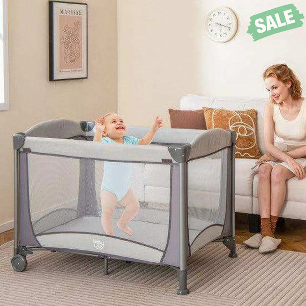 5-in-1 Portable Baby Playard with Cradle and Storage Basket-Black Black Baby Playpen & Playards