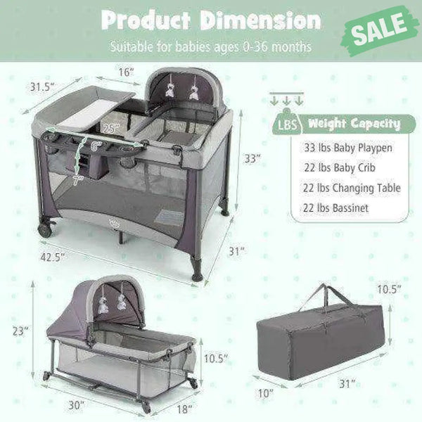 5-in-1 Portable Baby Playard with Cradle and Storage Basket-Gray