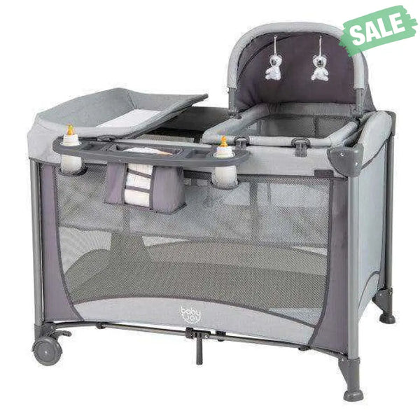 5-in-1 Portable Baby Playard with Cradle and Storage Basket-Gray