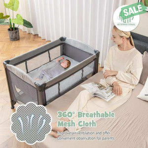 5-in-1 Portable Baby Playard with Cradle and Storage Basket-Gray
