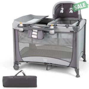 5-in-1 Portable Baby Playard with Cradle and Storage Basket-Gray