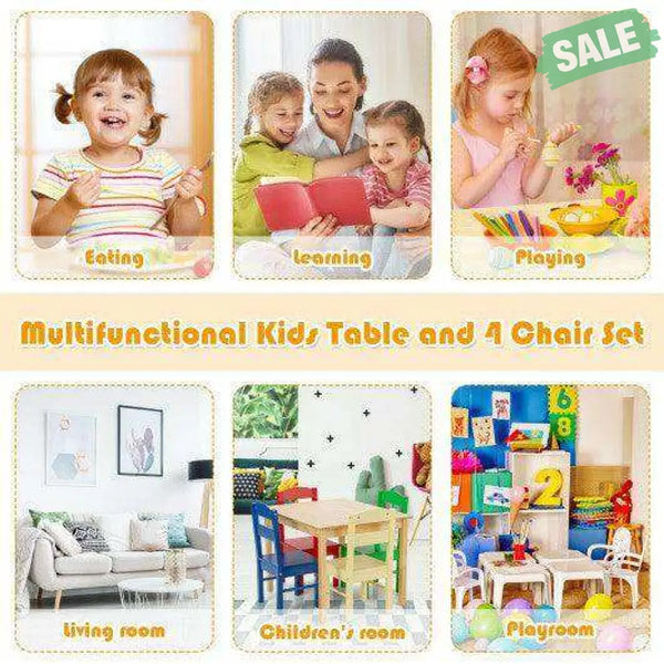 5 pcs Kids Pine Wood Multicolor Table Chair Set Deep Multicolor Kids Table & Chair Sets