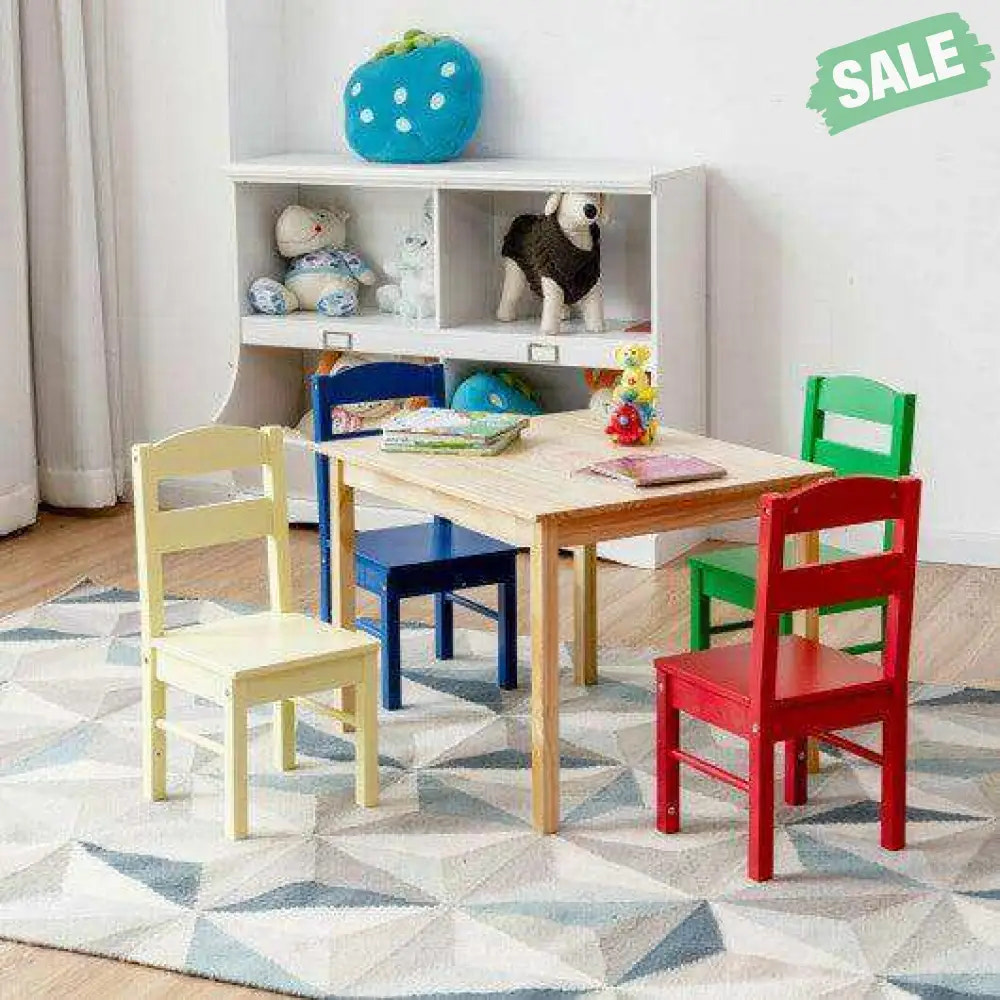5 pcs Kids Pine Wood Multicolor Table Chair Set Deep Multicolor Kids Table & Chair Sets