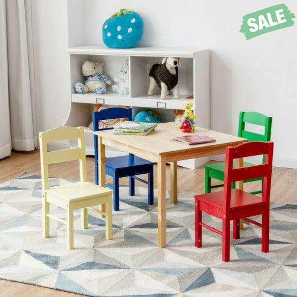 5 pcs Kids Pine Wood Multicolor Table Chair Set Deep Multicolor Kids Table & Chair Sets