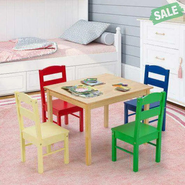 5 pcs Kids Pine Wood Multicolor Table Chair Set Deep Multicolor Kids Table & Chair Sets