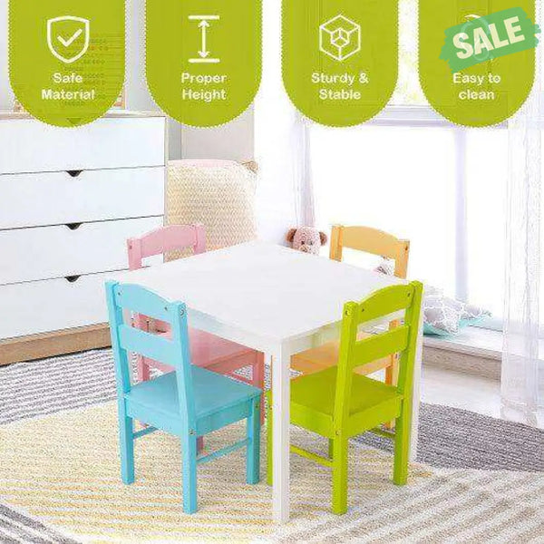 5 pcs Kids Pine Wood Multicolor Table Chair Set Deep Multicolor Kids Table & Chair Sets