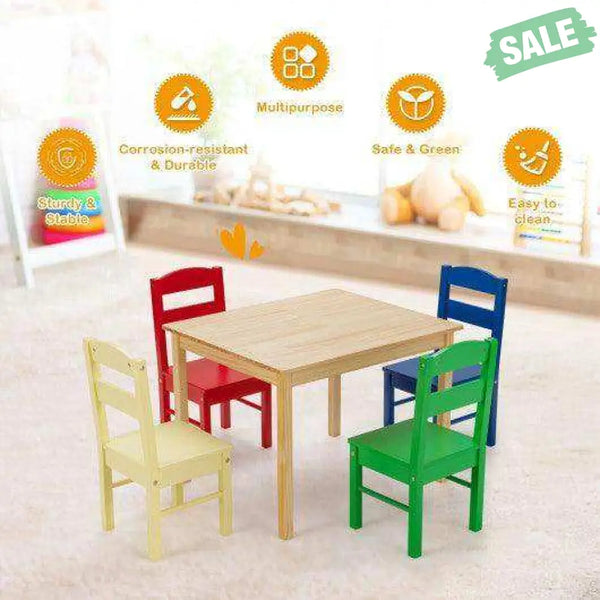 5 pcs Kids Pine Wood Multicolor Table Chair Set Deep Multicolor Kids Table & Chair Sets
