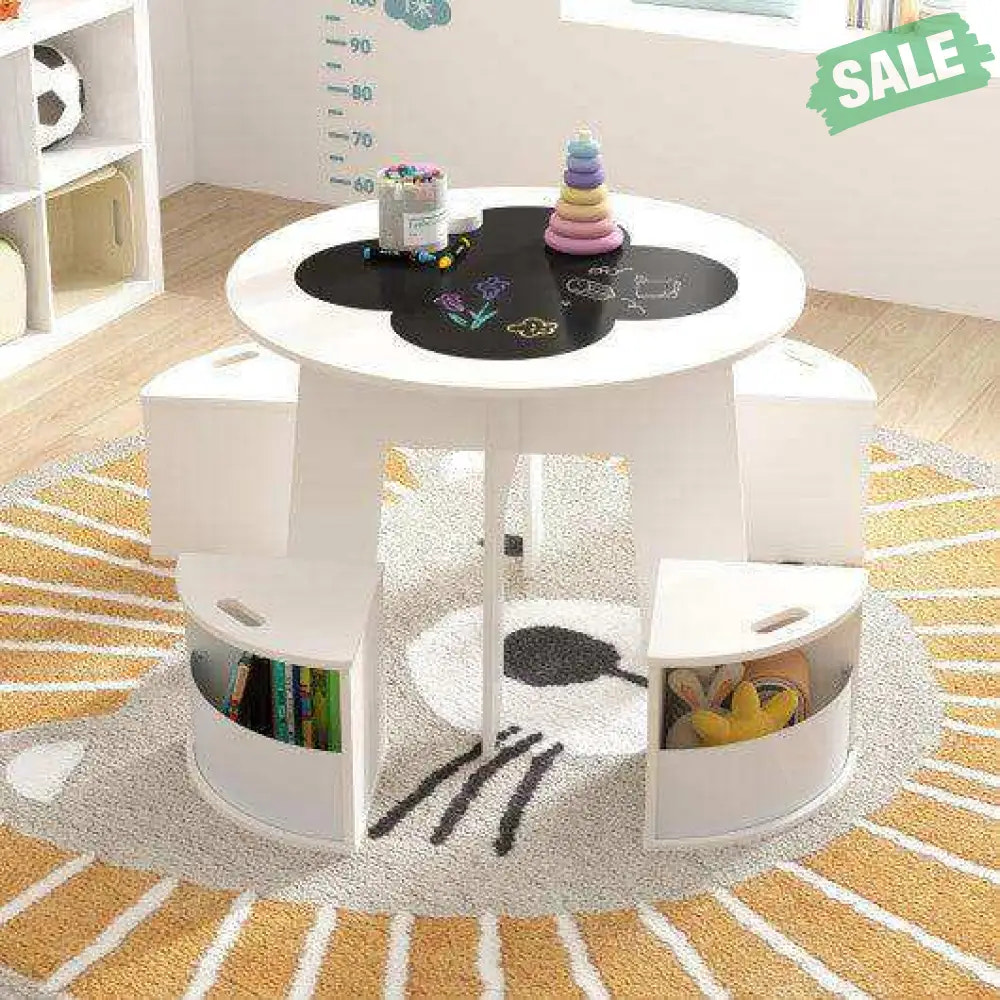 5 PCS Kids Table and Chair Set with Storage Stools for Activity-White Kids Table & Chair Sets