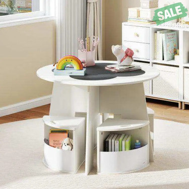 5 PCS Kids Table and Chair Set with Storage Stools for Activity-White Kids Table & Chair Sets