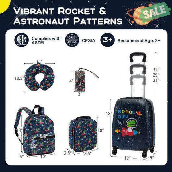 5 Piece Kids Luggage Set with Backpack Neck Pillow Name Tag Lunch Bag-Dark Blue Dark Blue Kids Luggage