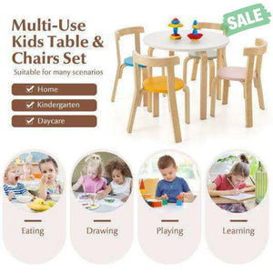 5-Piece Kids Wooden Curved Back Activity Table and Chair Set with Toy Bricks-Gray Gray Kids Table & Chair Sets