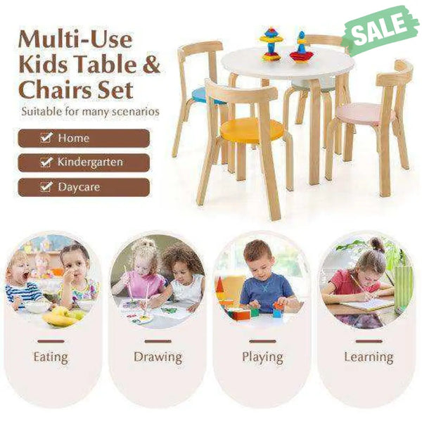 5-Piece Kids Wooden Curved Back Activity Table and Chair Set with Toy Bricks-Gray Gray Kids Table & Chair Sets
