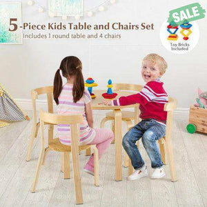 5-Piece Kids Wooden Curved Back Activity Table and Chair Set with Toy Bricks-Gray Gray Kids Table & Chair Sets