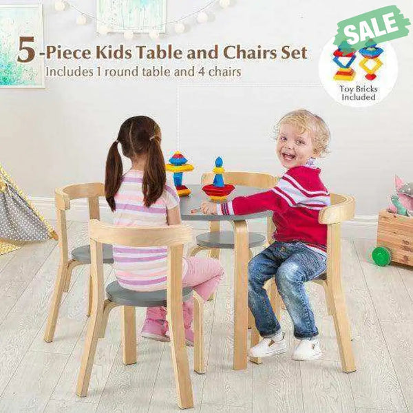 5-Piece Kids Wooden Curved Back Activity Table and Chair Set with Toy Bricks-Gray Gray Kids Table & Chair Sets