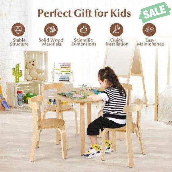 5-Piece Kids Wooden Curved Back Activity Table and Chair Set with Toy Bricks-Gray Gray Kids Table & Chair Sets