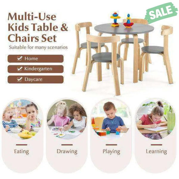 5-Piece Kids Wooden Curved Back Activity Table and Chair Set with Toy Bricks-Gray Gray Kids Table & Chair Sets