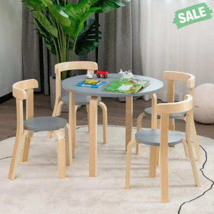 5-Piece Kids Wooden Curved Back Activity Table and Chair Set with Toy Bricks-Gray Gray Kids Table & Chair Sets