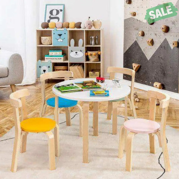5-Piece Kids Wooden Curved Back Activity Table and Chair Set with Toy Bricks-Gray Gray Kids Table & Chair Sets