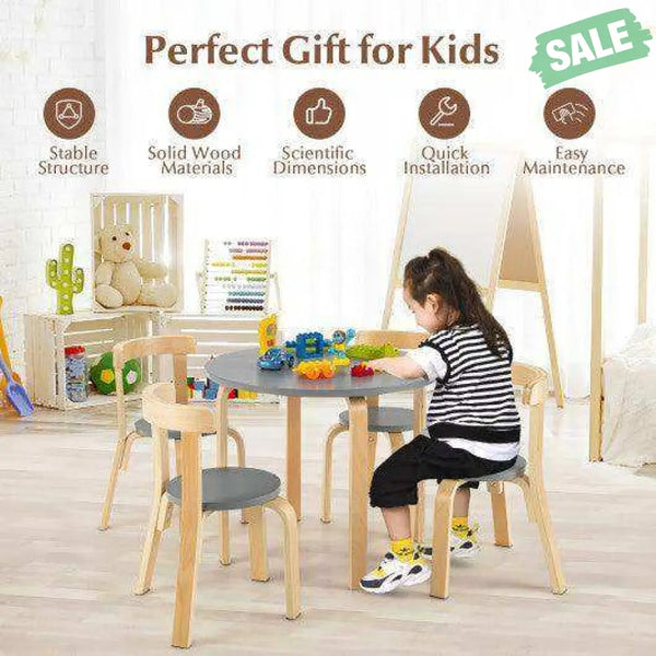 5-Piece Kids Wooden Curved Back Activity Table and Chair Set with Toy Bricks-Gray Gray Kids Table & Chair Sets