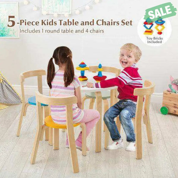 5-Piece Kids Wooden Curved Back Activity Table and Chair Set with Toy Bricks-Gray Gray Kids Table & Chair Sets