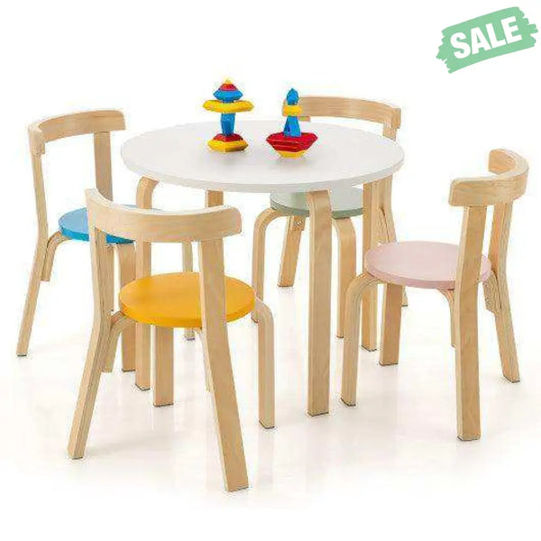 5-Piece Kids Wooden Curved Back Activity Table and Chair Set with Toy Bricks-Gray Gray Kids Table & Chair Sets