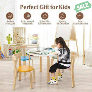 5-Piece Kids Wooden Curved Back Activity Table and Chair Set with Toy Bricks-Gray Gray Kids Table & Chair Sets