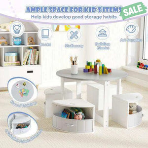 5 Piece Toddler Round Nesting Table with 4 Storage Stools for Activity-Grey Gray Kids Table & Chair Sets