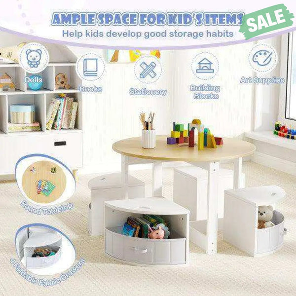 5 Piece Toddler Round Nesting Table with 4 Storage Stools for Activity-Grey Gray Kids Table & Chair Sets