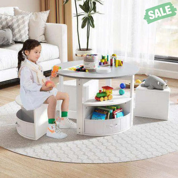 5 Piece Toddler Round Nesting Table with 4 Storage Stools for Activity-Grey Gray Kids Table & Chair Sets