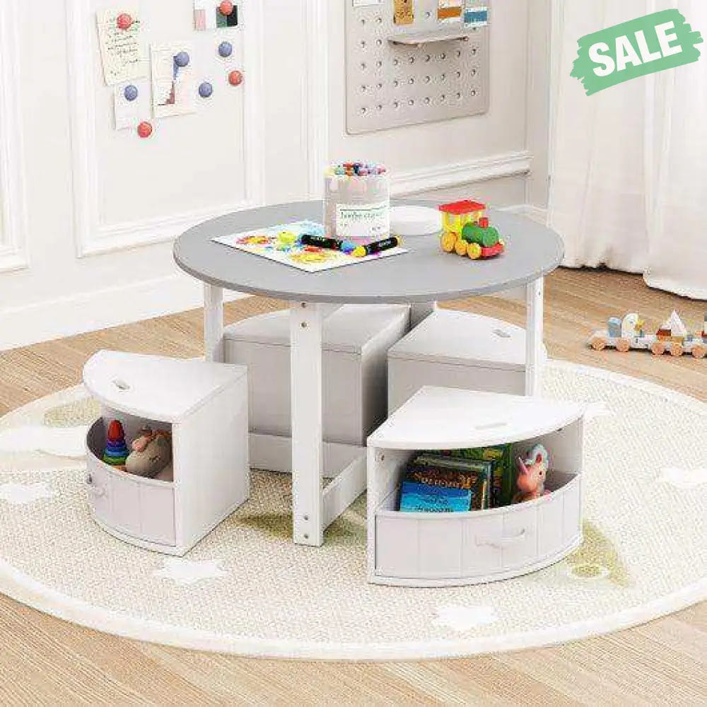 5 Piece Toddler Round Nesting Table with 4 Storage Stools for Activity-Grey Gray Kids Table & Chair Sets
