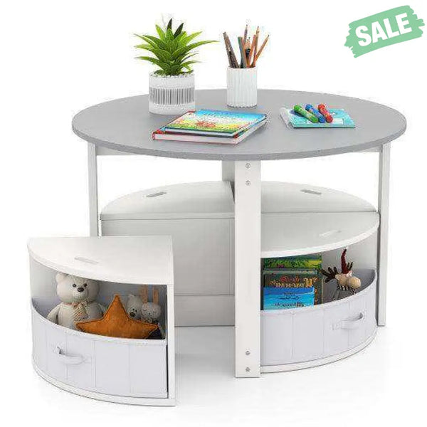 5 Piece Toddler Round Nesting Table with 4 Storage Stools for Activity-Grey Gray Kids Table & Chair Sets